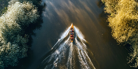 Sticker - Golden Hour River Cruise: Aerial view of a wooden boat gliding down a serene river, sunlight reflecting on the water, surrounded by lush greenery.  