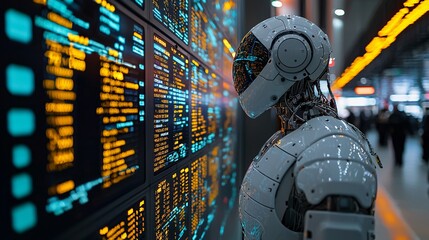 Poster - A high-speed trading environment where robots execute algorithmic trades efficiently Stock Photo with side copy space