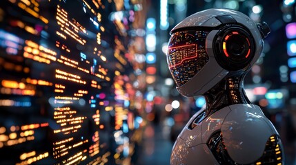 Aufkleber - A futuristic AI robot optimizing trades by backtesting historical market trends Stock Photo with side copy space