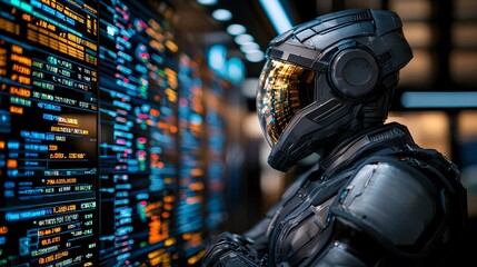 Poster - A robot conducting comprehensive market simulations to refine trading strategies Stock Photo with side copy space