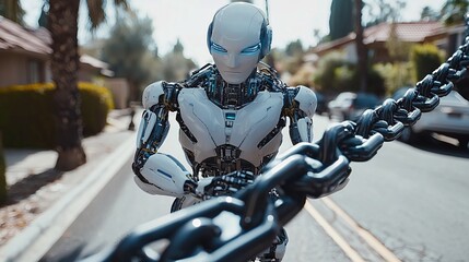 Poster - A robot conducting comprehensive market simulations to refine trading strategies Stock Photo with side copy space