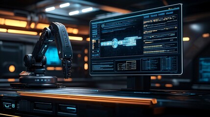 Aufkleber - A futuristic robotic platform leveraging quantum algorithms for next-generation trading Stock Photo with side copy space