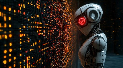 Aufkleber - A quantum computing robot processing market data to identify groundbreaking trading patterns Stock Photo with side copy space