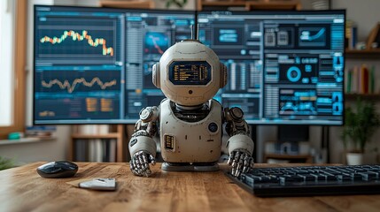 Aufkleber - A robotic system backtesting complex financial scenarios for strategy enhancement Stock Photo with side copy space