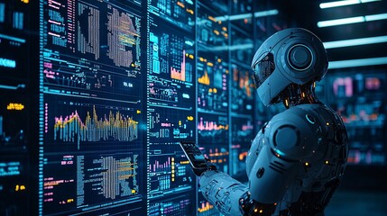 Poster - A robotic assistant utilizing AI-driven risk management for optimal portfolio handling Stock Photo with side copy space