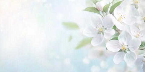 Spring background with a blooming apple tree flowers against bright blur bokeh background