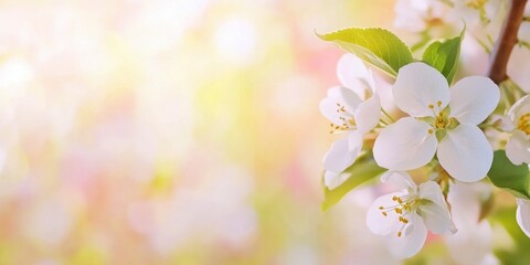 Spring background with a blooming apple tree flowers against bright blur bokeh background