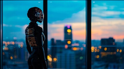 Poster - A trading robot analyzing extensive data to mitigate risks and maximize portfolio returns Stock Photo with side copy space