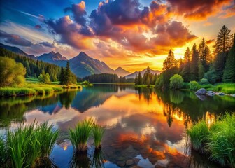 Wall Mural - Serene Sunset Over a Tranquil Lake Surrounded by Lush Greenery and Majestic Mountains, Capturing the Essence of Nature's Beauty in a Perfect Landscape Photography Moment