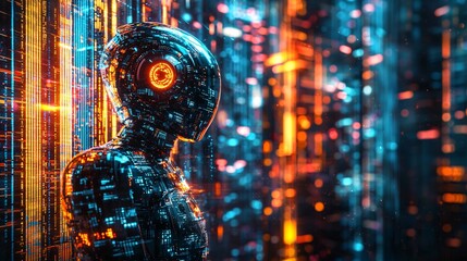 Poster - An AI-powered trading robot executing high-frequency trades with glowing data streams Stock Photo with side copy space