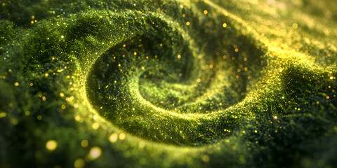 Poster - Abstract Green Spiral: A mesmerizing abstract swirl of green and gold, reminiscent of a cosmic nebula, invites contemplation and wonder.