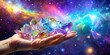 © Man888 - Shiny Crystals in Hand with Celestial Elements for a Mystical Experience, Perfect for Spiritual and Wellness Themes