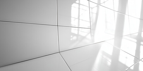 Poster - Modern Minimalist Architecture: Light and shadow interplay on sleek white tiles, creating a clean, contemporary aesthetic. The image evokes a sense of calm and sophistication. 