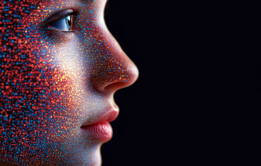 Poster - This captivating image features a profile of a face adorned with vibrant colors and patterns, exploring the intersection of technology and human expression.