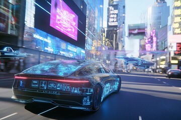 Aufkleber - A futuristic urban skyline with holographic advertisements and flying cars.