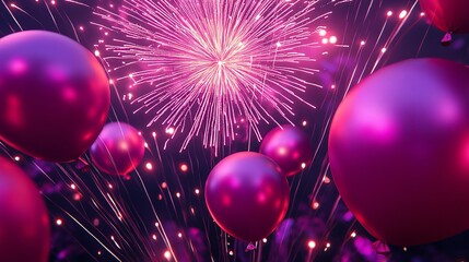 Canvas Print - Pink balloons and fireworks celebration.