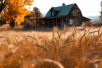 Poster - A golden wheat field swaying in the wind, with a rustic barn in the distance.