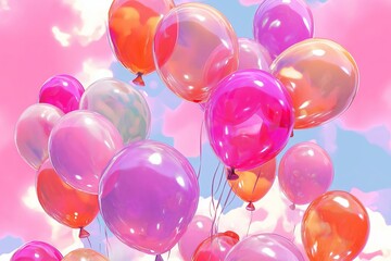 Poster - A hand-drawn style wallpaper of colorful balloons floating up into a pink and orange sky.