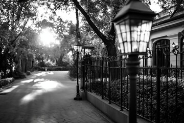 Poster - A high-contrast black and white photo of a historic cobblestone street with vintage lanterns.