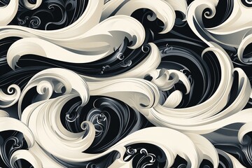 Poster - A monochrome wave pattern resembling Japanese woodblock prints on a soft gray background