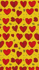 Sticker - Red Heart pattern hand drawn design on Yellow background illustration