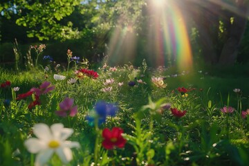 Poster - A rainbow arching over a grassy meadow, dotted with wildflowers
