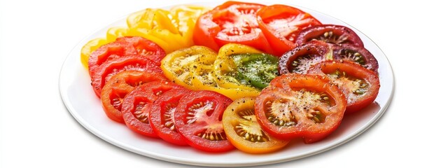 A plate of colorful heirloom tomatoes sliced, isolated white background, impressionism art style