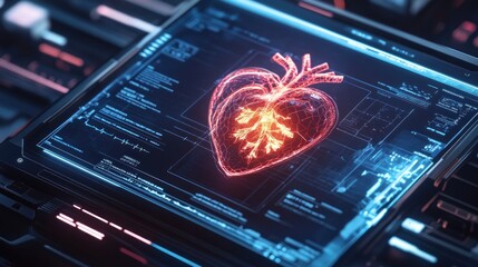 Wall Mural - Futuristic digital heart model displayed on a hi-tech screen.