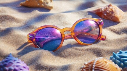 Canvas Print - A close-up of colorful sunglasses on smooth sand with ripples, surrounded by subtle summer beach elements