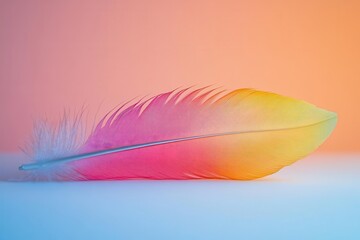 Poster - A single feather resting on a white surface, with a burst of neon hues.