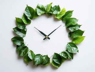 Poster - A minimalist clock face made of natural leaves on a pure white surface.
