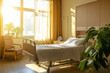 © smth.design - Sunlit hospital room with cozy bed and warm decor in the morning