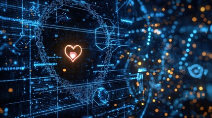 Digital heart glowing in futuristic data network