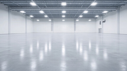  A pristine, empty parking area with bright overhead lights illuminating the rows of neatly marked spaces. The polished concrete floor reflects the lighting softly, while the distant view reveals