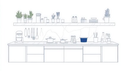 Wall Mural - Modern Kitchen Illustration with Herbs and Cooking Utensils