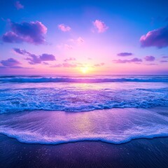 Canvas Print - Vibrant sunset over ocean waves on a beach.