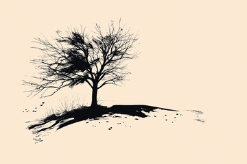 Poster - A solitary tree on a hill drawn in fine black lines on a warm beige background.