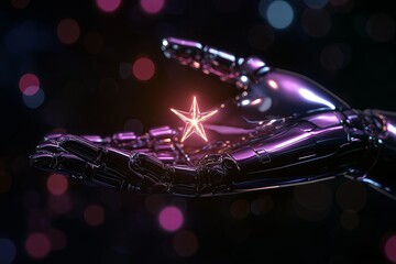 Poster - A sleek, metallic robot hand holding a tiny glowing star against a dark void