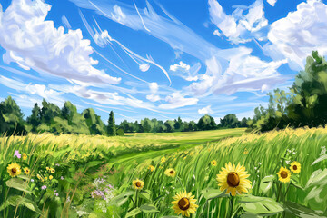 Poster - A sunflower field under a bright blue sky with wispy white clouds.
