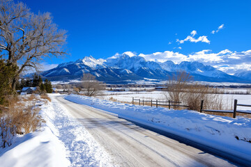 Poster - A vast snow-covered landscape under a clear blue sky with distant mountain peaks