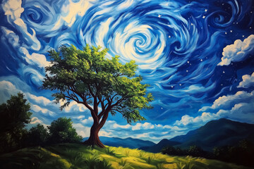 Poster - A vibrant oil-paint-inspired scene of a lone tree on a hill under a swirling, star-filled sky
