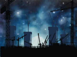 Poster - house building and cranes on dark night sky background