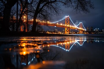 Aufkleber - A view of a suspension bridge lit up at night, with its reflection shimmering in the water below. 