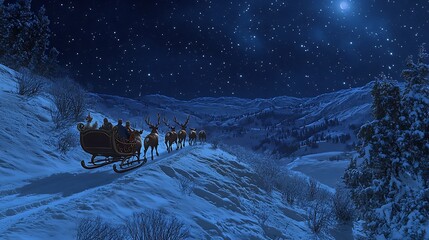 Poster - A magical reindeer leading Santa’s sleigh across a starry night, with snow-covered hills and forests below