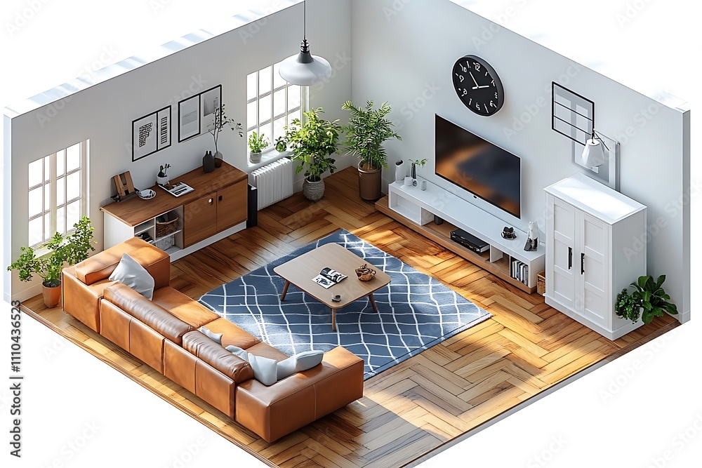 Isometric view living room muji style open inside interior architecture ...