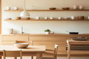 Poster - Modern kitchen with wooden furniture and minimal decor