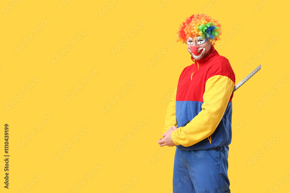 Young man as crazy clown with katana smiling on yellow background