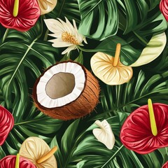 Canvas Print - Vibrant Tropical Floral Pattern with Coconuts Seamless pattern