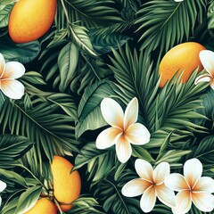 Canvas Print - Tropical Floral Pattern with Mangoes and Plumeria Seamless pattern