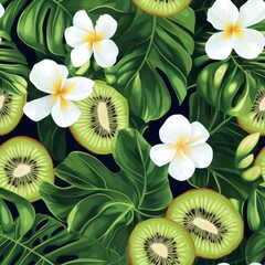 Canvas Print - Tropical Kiwi and Floral Pattern Design Seamless pattern